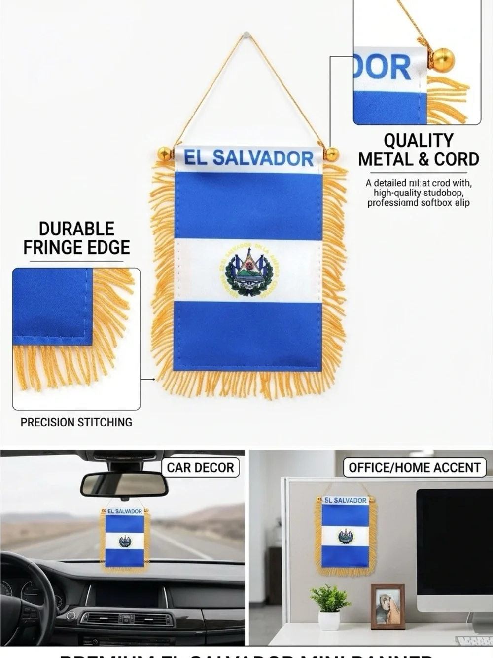 El Salvador Mini Wall Flag Banner with Gold Fringe